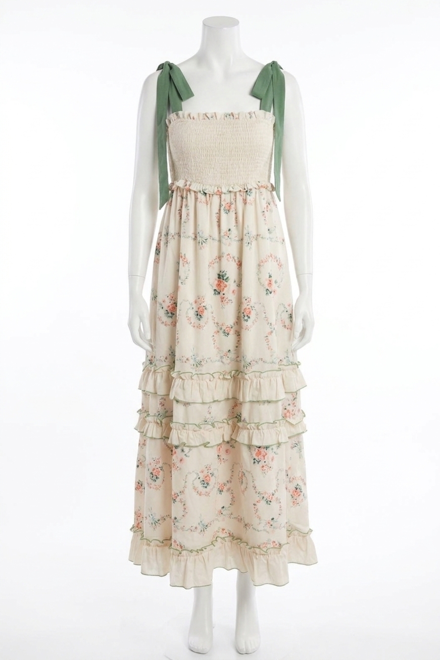 NEW LISTICLE floral smocked tiered maxi dress in cream